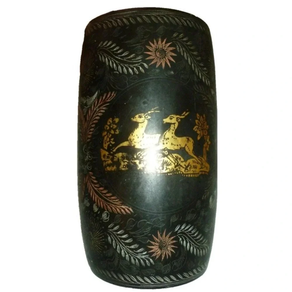 Vintage Hand Painted Lacquered Wood Cylinder Vase‎ - MCM Deer Sunburst Design